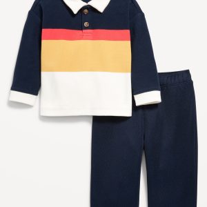 Printed Long-Sleeve Polo Shirt and Pants Set for Baby